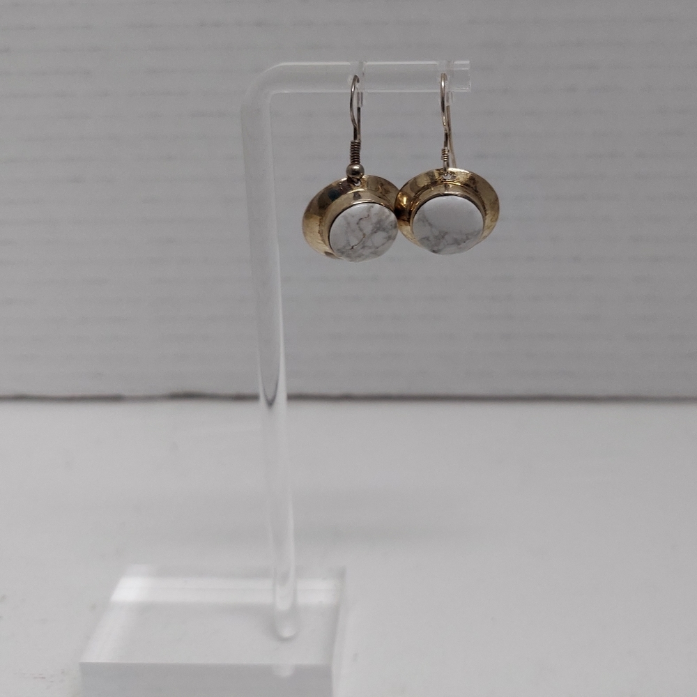 925 Sterling Silver Drop Earrings Round White Marble Color Stone